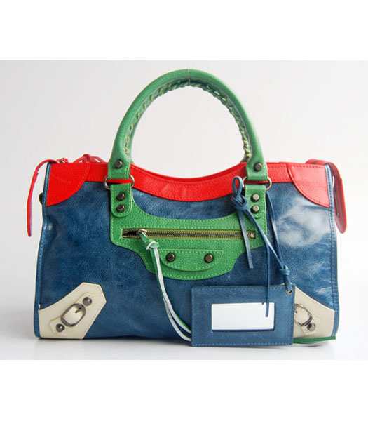 Balenciaga Giant City Bag Blue Sapphire con verde / rosso / grigio chiaro